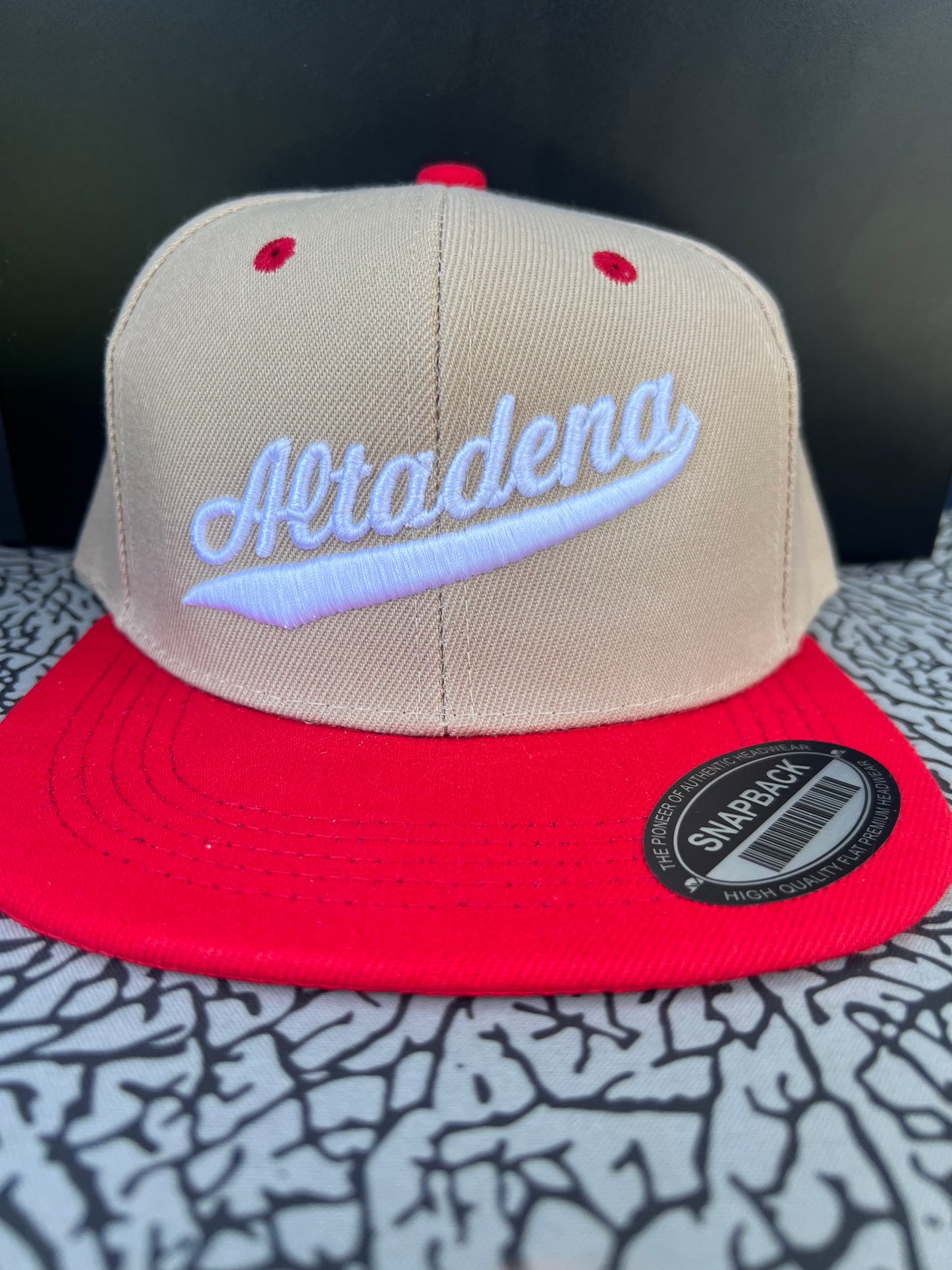ABA SnapBack Hat | Tan/Red Bill (Logo: White Altadena)
