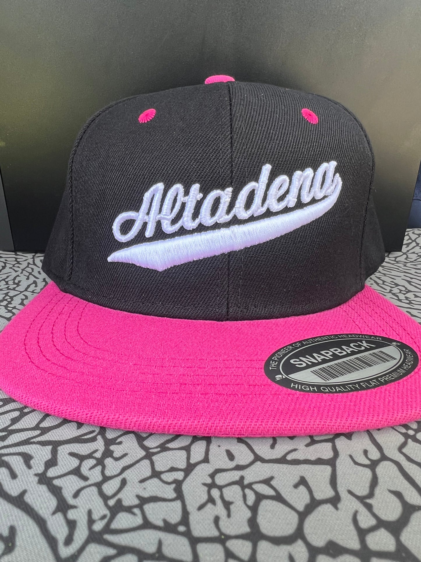 ABA SnapBack Hat | Black/Pink Bill (Logo: White Altadena)