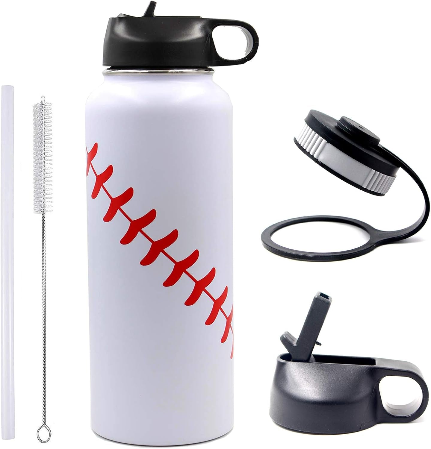 32 Oz Baseball Water Bottle, Wide Mouth Sports Flask Metal Travel Tumbler with 2 Lids 18/8 Stainless Steel Double Wall Vacuum Insulated (32Oz, White Baseball)