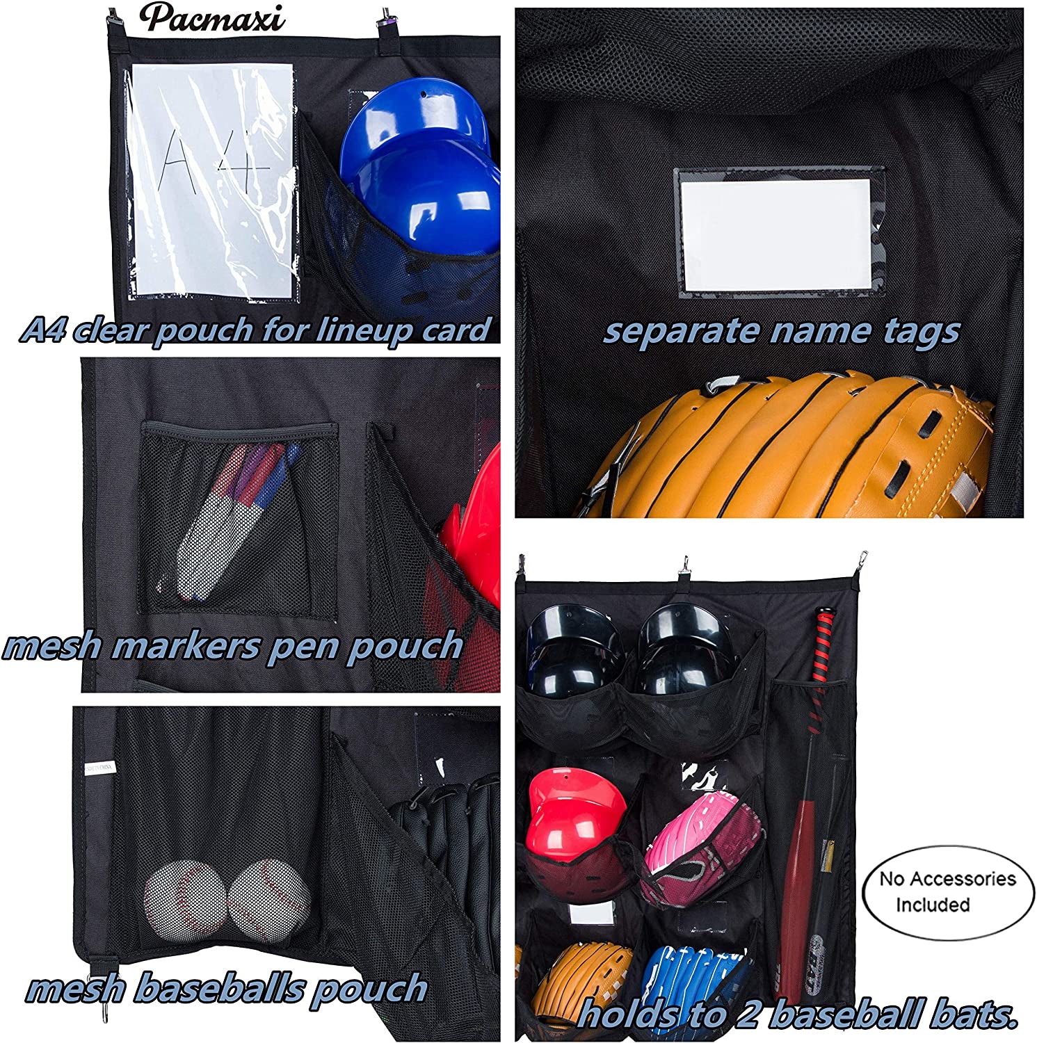 Hanging Baseball Helmet Bag to Organize Baseball Equipment Including Helmets, Gloves, Batting Gloves, Balls, Baseball Bat, 12 Player Dugout Organizer Storage