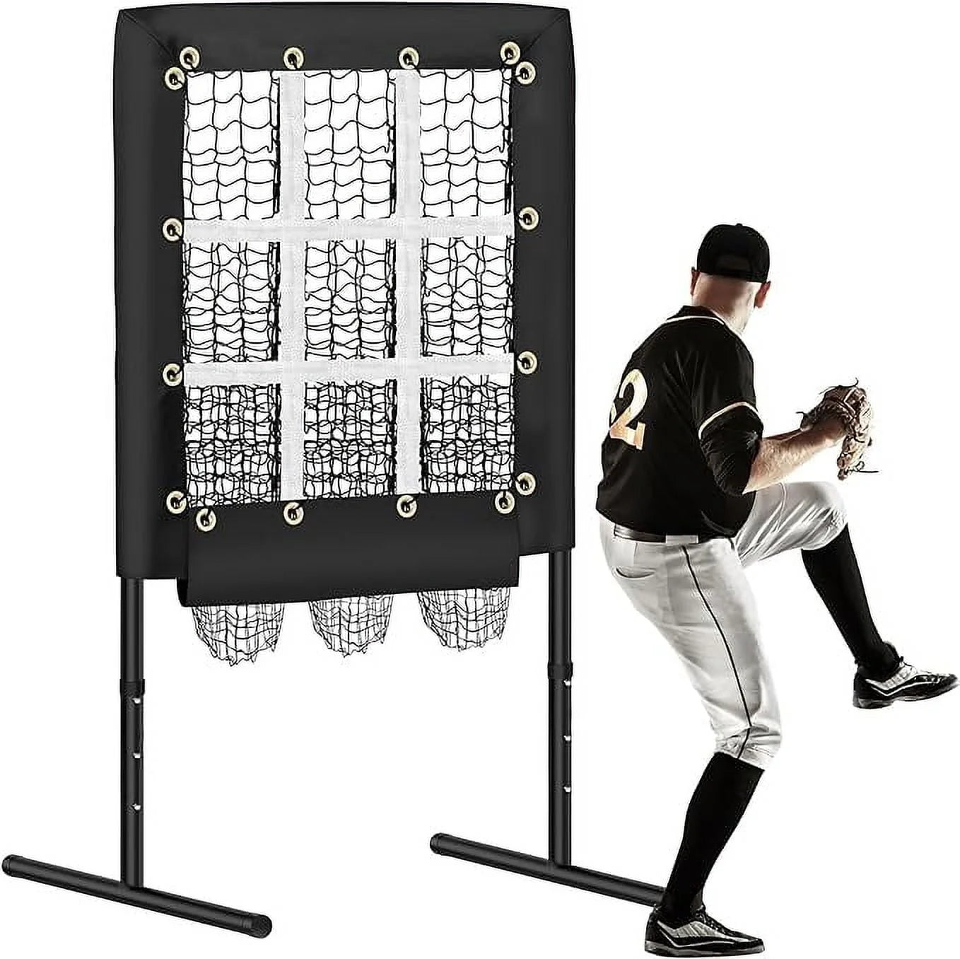 9 Hole Pitching Net Baseball Pitching Target with Strike Zone, Softball Pitching Aid Net, 3 Level Adjustable Height, Portable Training Equipment for Hitting and Pitching Practice