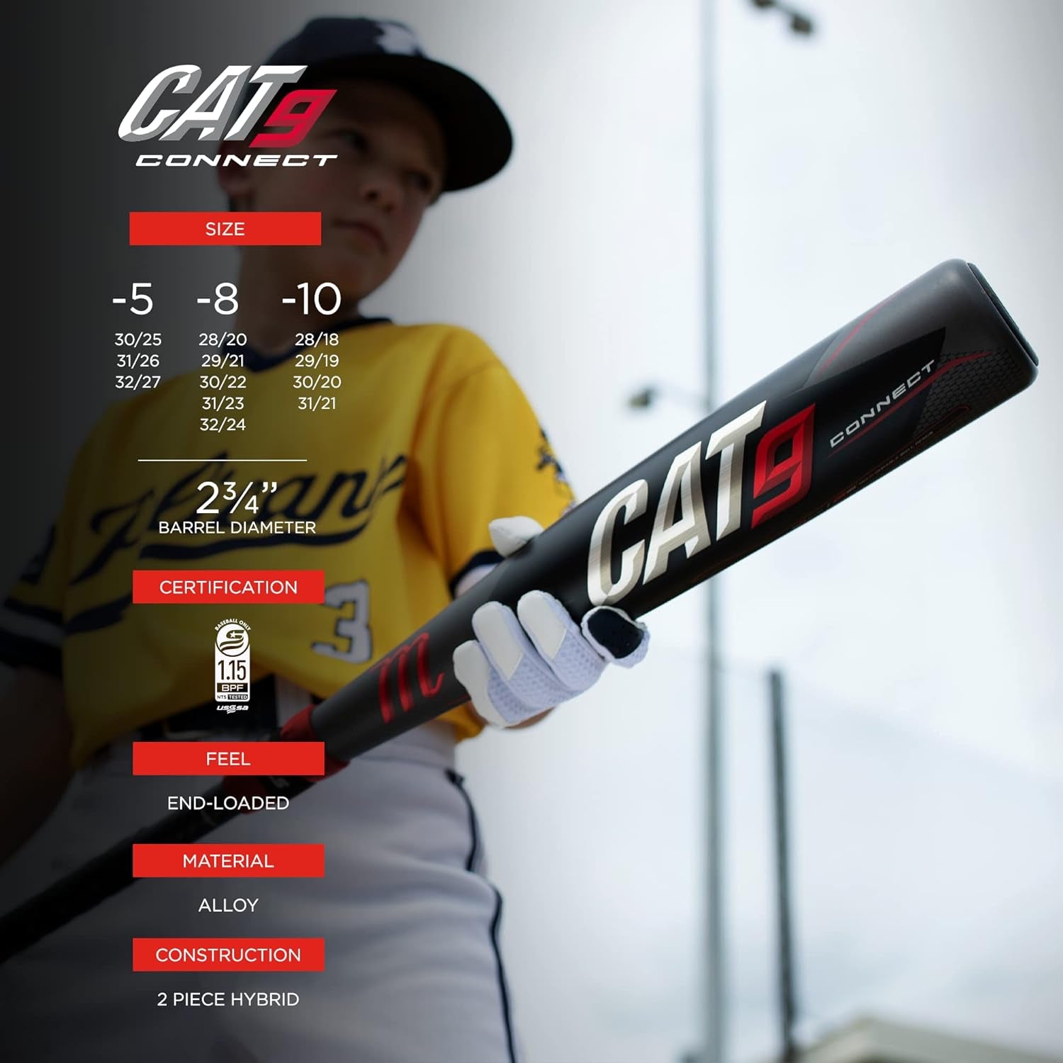 Cat9 Connect USSSA Senior League Metal Baseball Bat, 2 3/4" Barrel, (-5, -8, and -10)