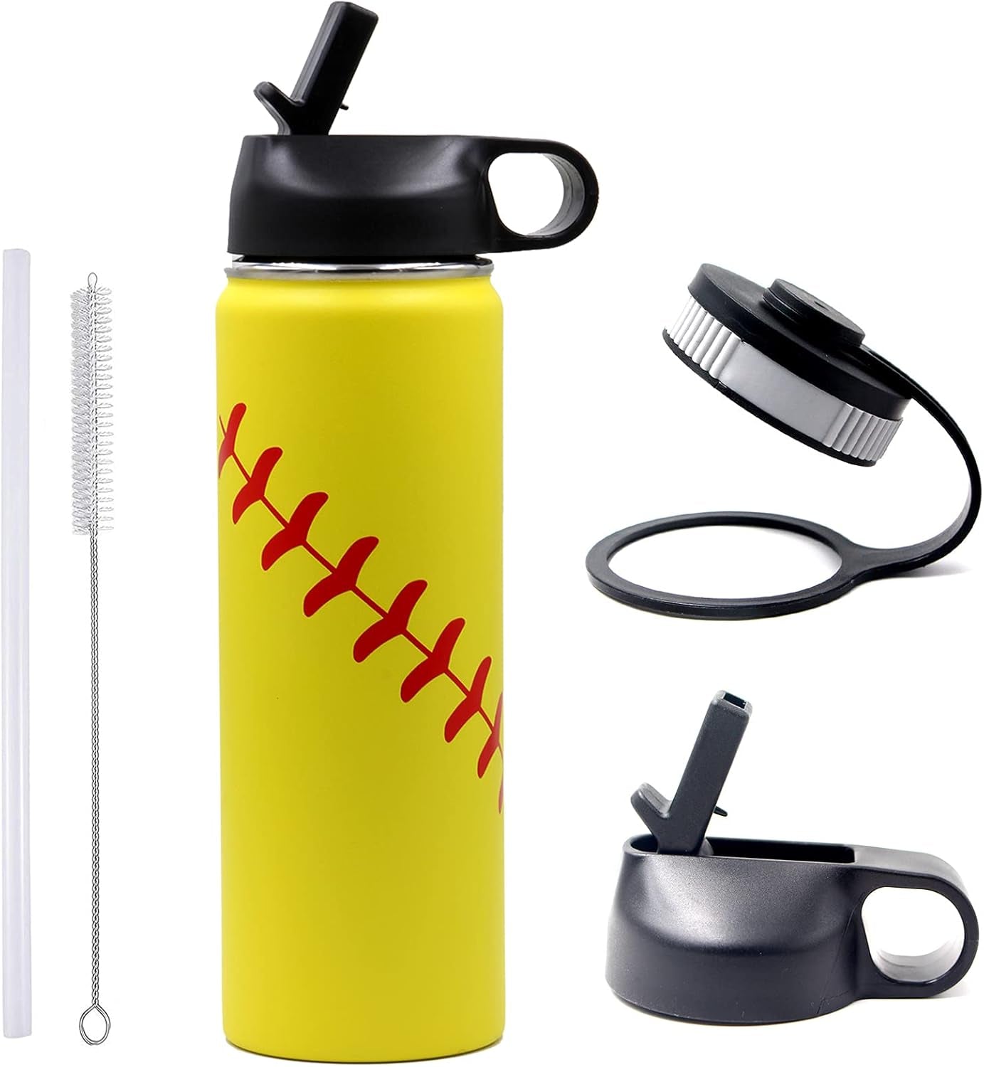 32 Oz Baseball Water Bottle, Wide Mouth Sports Flask Metal Travel Tumbler with 2 Lids 18/8 Stainless Steel Double Wall Vacuum Insulated (32Oz, White Baseball)