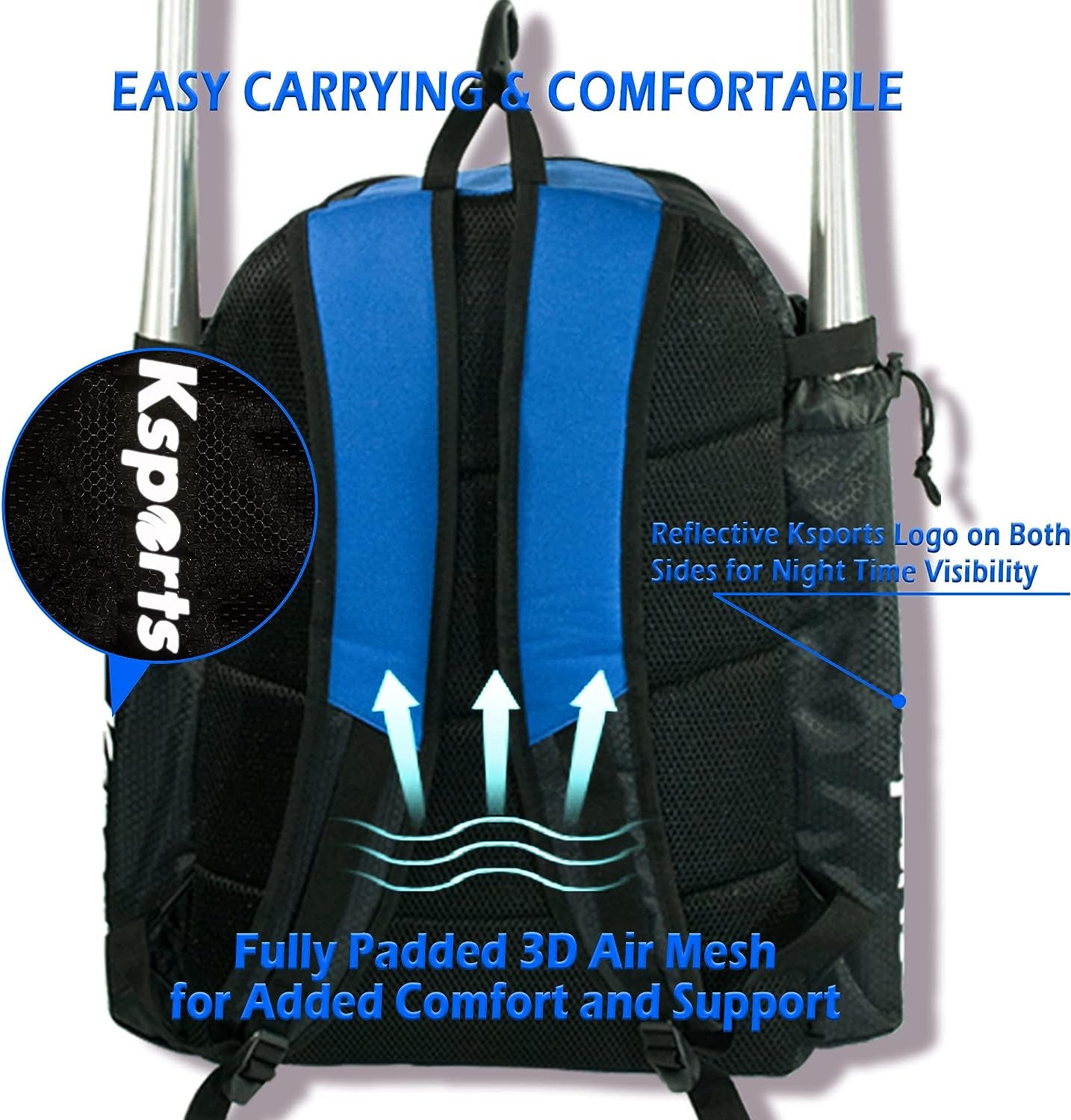 Baseball Backpack - Blue, Multi-Compartment for Bats, Helmet, Gloves, Youth & Adult