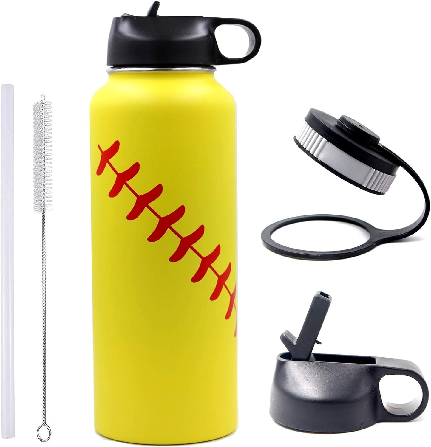 32 Oz Baseball Water Bottle, Wide Mouth Sports Flask Metal Travel Tumbler with 2 Lids 18/8 Stainless Steel Double Wall Vacuum Insulated (32Oz, White Baseball)