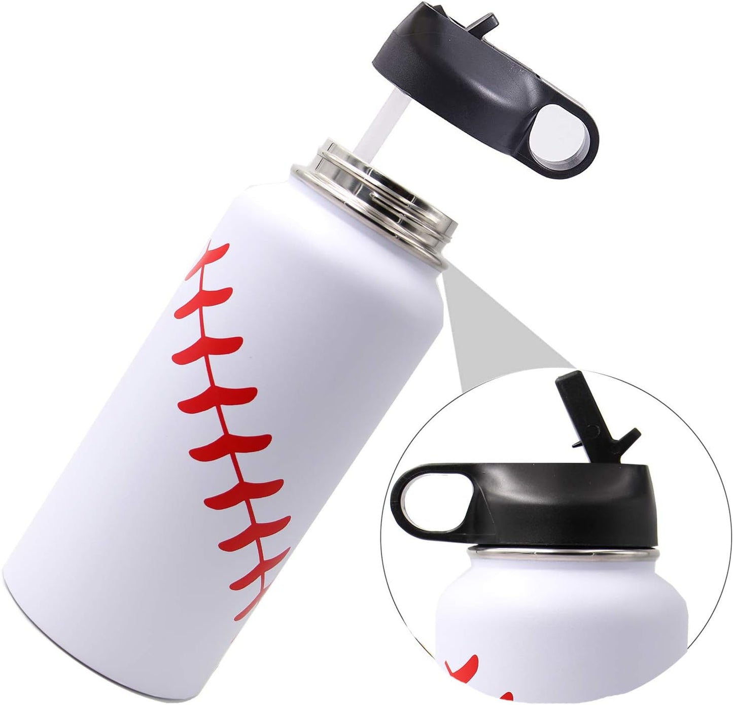 32 Oz Baseball Water Bottle, Wide Mouth Sports Flask Metal Travel Tumbler with 2 Lids 18/8 Stainless Steel Double Wall Vacuum Insulated (32Oz, White Baseball)