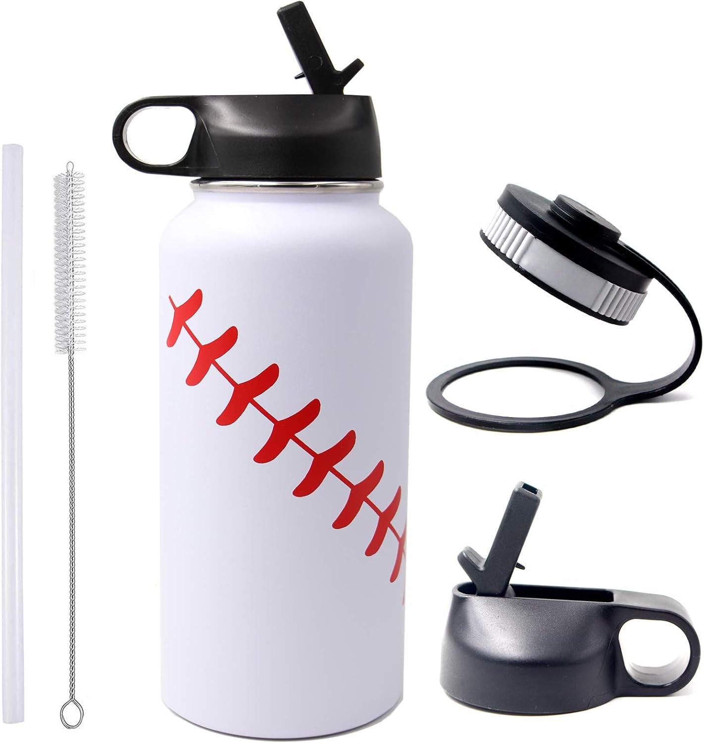 32 Oz Baseball Water Bottle, Wide Mouth Sports Flask Metal Travel Tumbler with 2 Lids 18/8 Stainless Steel Double Wall Vacuum Insulated (32Oz, White Baseball)