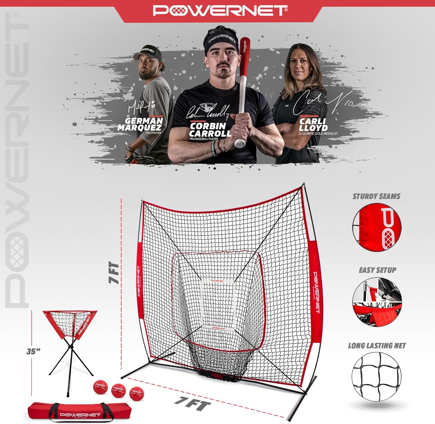 7X7 DLX Practice Net + Deluxe Tee + Ball Caddy + 3 Pack Weighted Ball + Strike Zone Bundle | Baseball Softball Coach Pack | Pitching Batting Training Equipment Set | 7' X 7' (Navy)