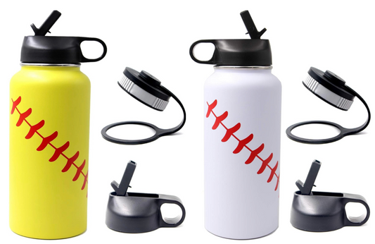 Softball & Baseball Water Bottles (12Oz, 18oz, 22oz, 32oz, 40oz), Wide Mouth Sports Flask Metal Travel Tumbler with 2 Lids 18/8 Stainless Steel Double Wall Vacuum Insulated (32Oz, White Baseball)