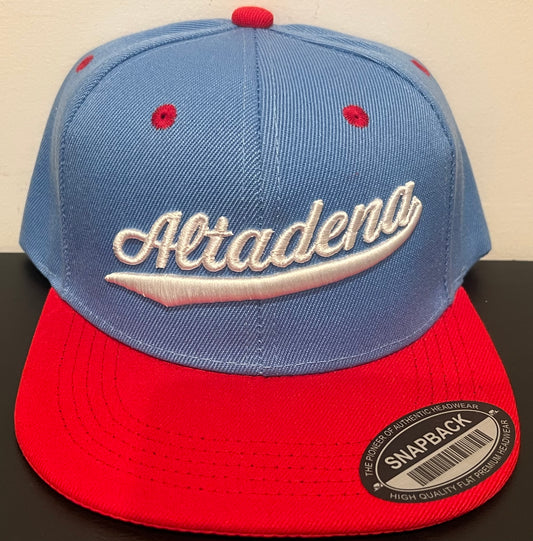 ABA SnapBack Hat | Baby Blue/Red Bill (Logo: White Altadena)