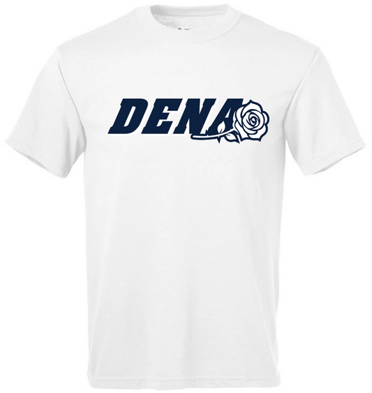 Adult White Dri Fit: Navy DENA Logo