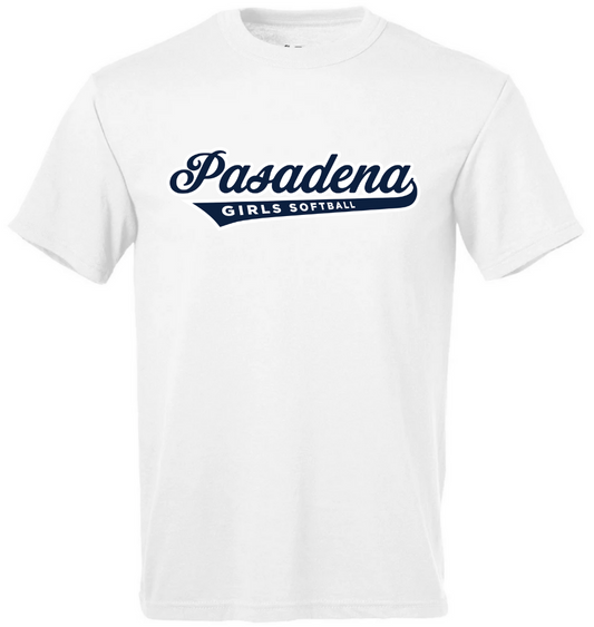 Adult White Dri Fit: Navy Pasadena Logo