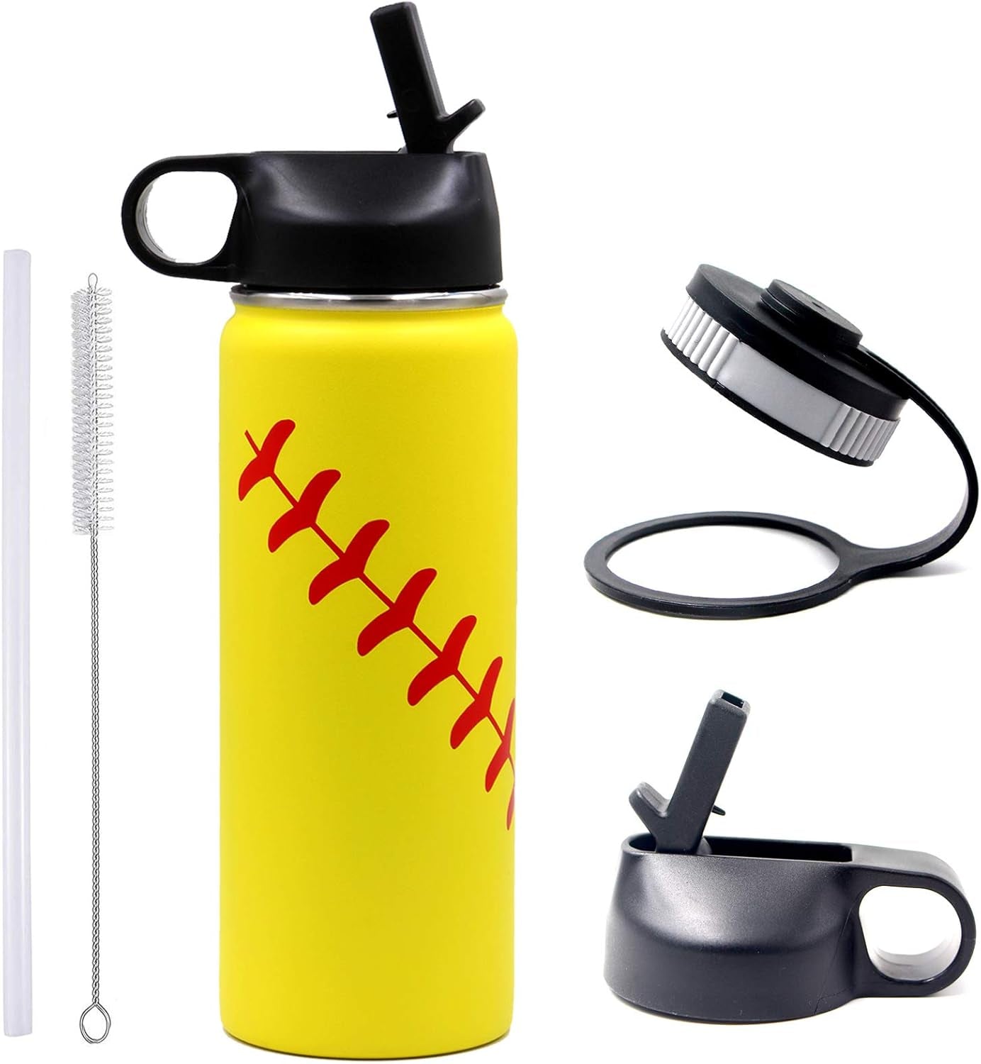 32 Oz Baseball Water Bottle, Wide Mouth Sports Flask Metal Travel Tumbler with 2 Lids 18/8 Stainless Steel Double Wall Vacuum Insulated (32Oz, White Baseball)