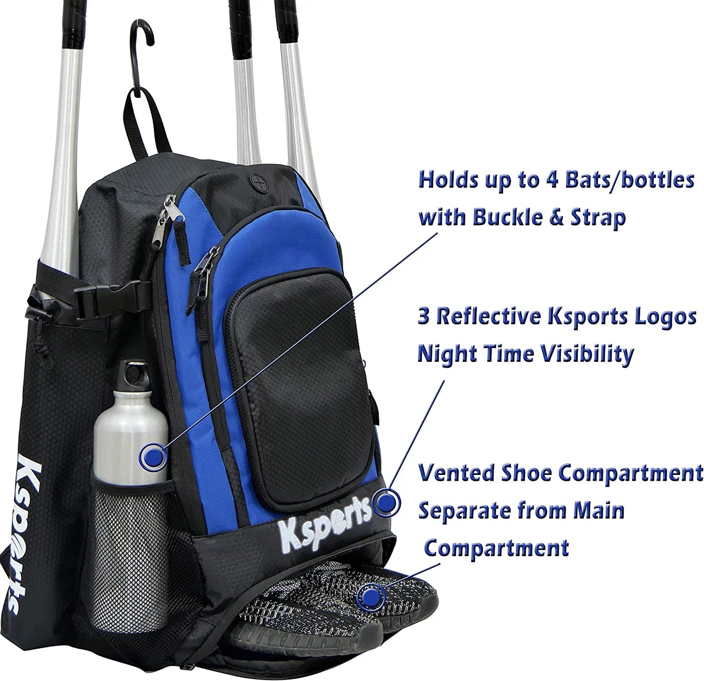 Baseball Backpack - Blue, Multi-Compartment for Bats, Helmet, Gloves, Youth & Adult