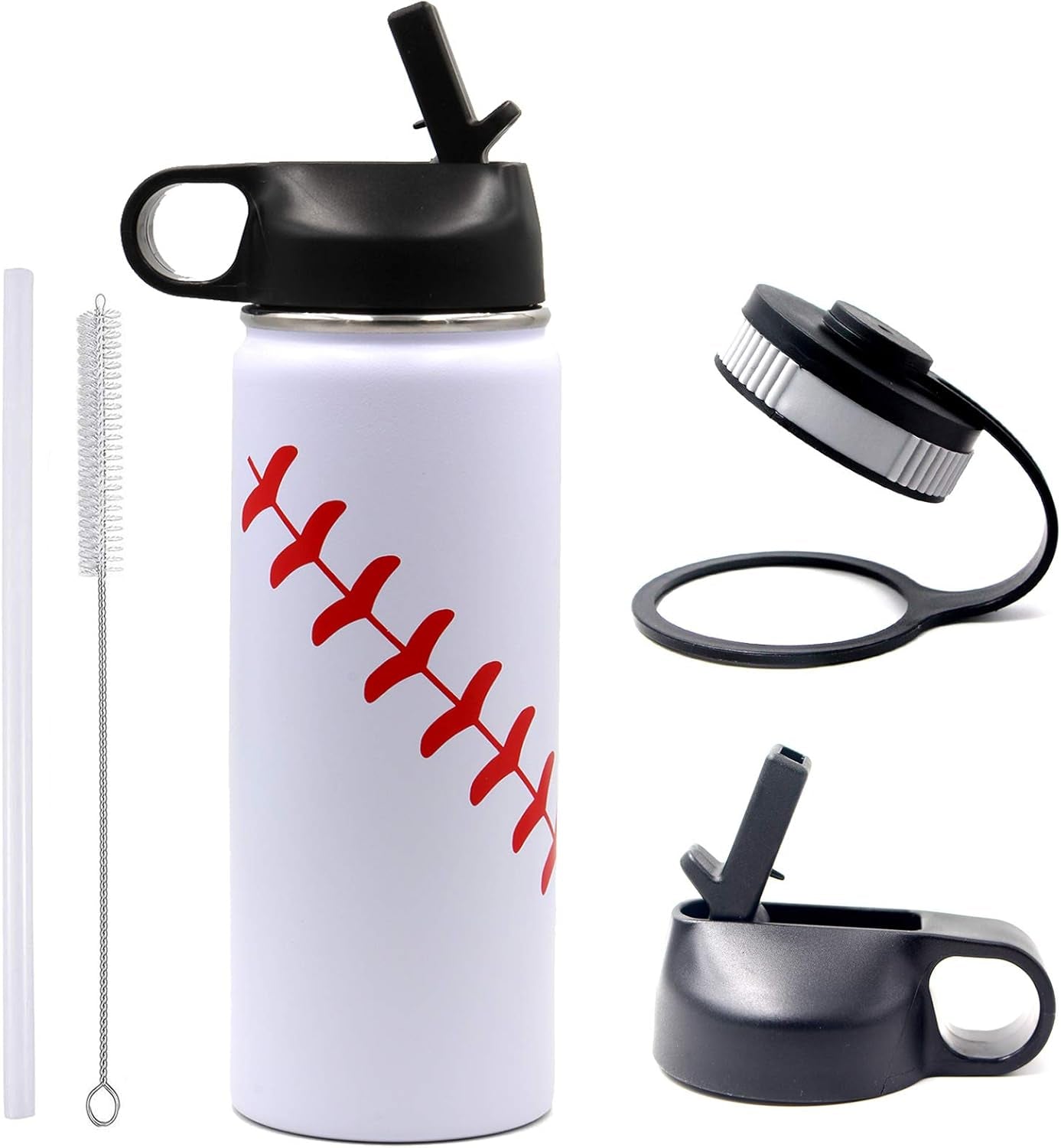 32 Oz Baseball Water Bottle, Wide Mouth Sports Flask Metal Travel Tumbler with 2 Lids 18/8 Stainless Steel Double Wall Vacuum Insulated (32Oz, White Baseball)