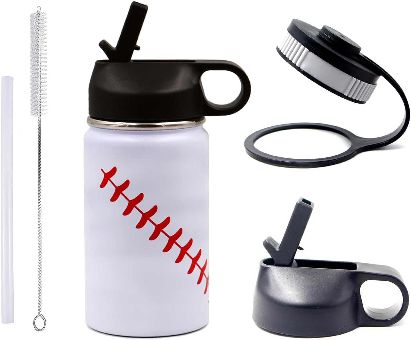 32 Oz Baseball Water Bottle, Wide Mouth Sports Flask Metal Travel Tumbler with 2 Lids 18/8 Stainless Steel Double Wall Vacuum Insulated (32Oz, White Baseball)