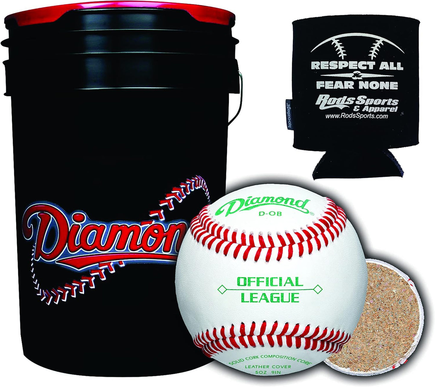 D-OB DOB Baseballs in 6-Gallon Ball Black Cushion Lid Bucket 30 Balls with Rods Insulated Can Sleeve