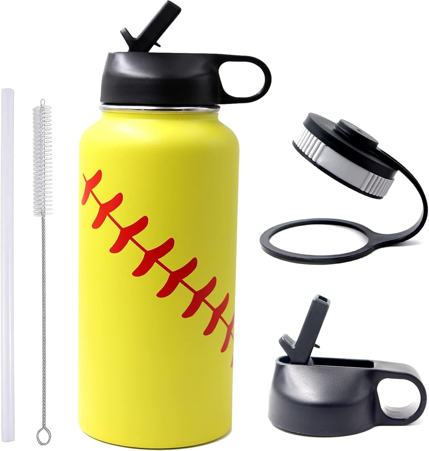 32 Oz Baseball Water Bottle, Wide Mouth Sports Flask Metal Travel Tumbler with 2 Lids 18/8 Stainless Steel Double Wall Vacuum Insulated (32Oz, White Baseball)