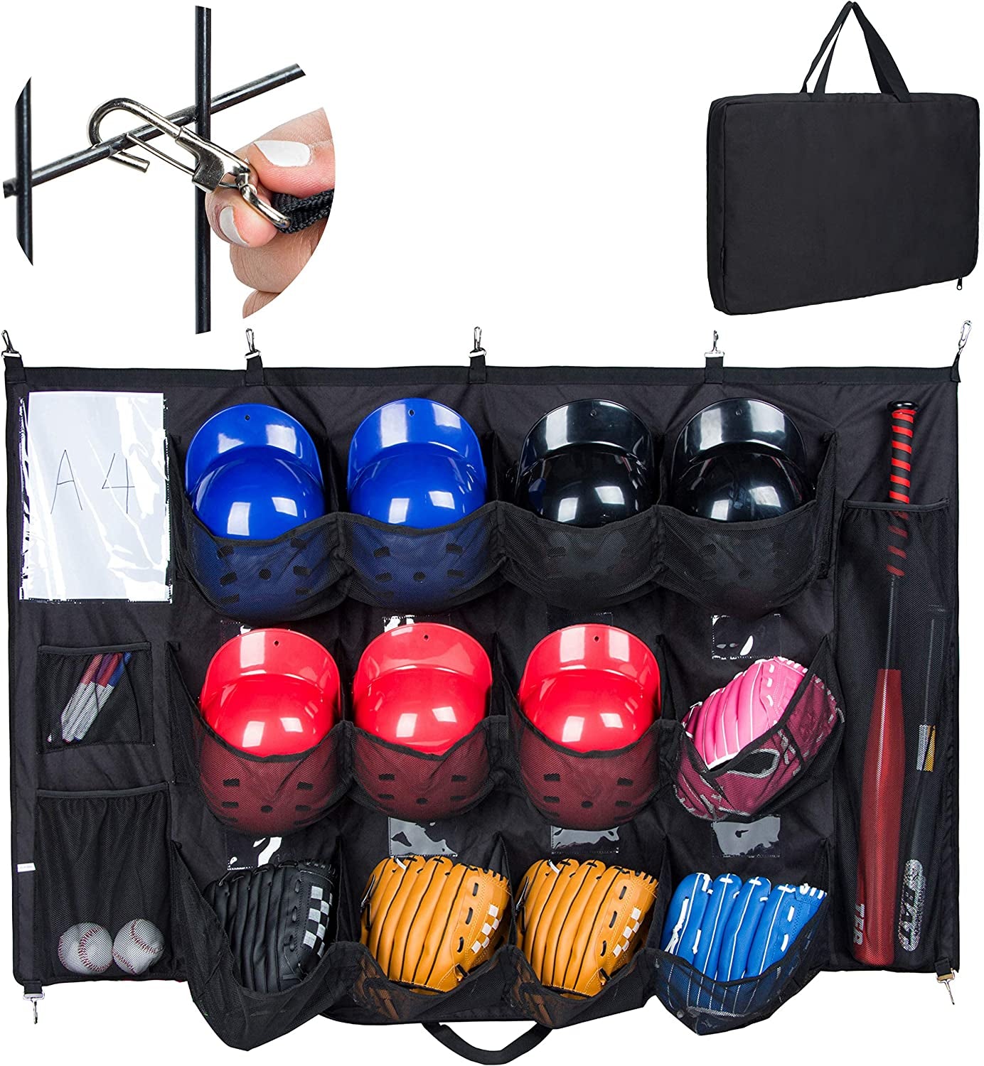 Hanging Baseball Helmet Bag to Organize Baseball Equipment Including Helmets, Gloves, Batting Gloves, Balls, Baseball Bat, 12 Player Dugout Organizer Storage