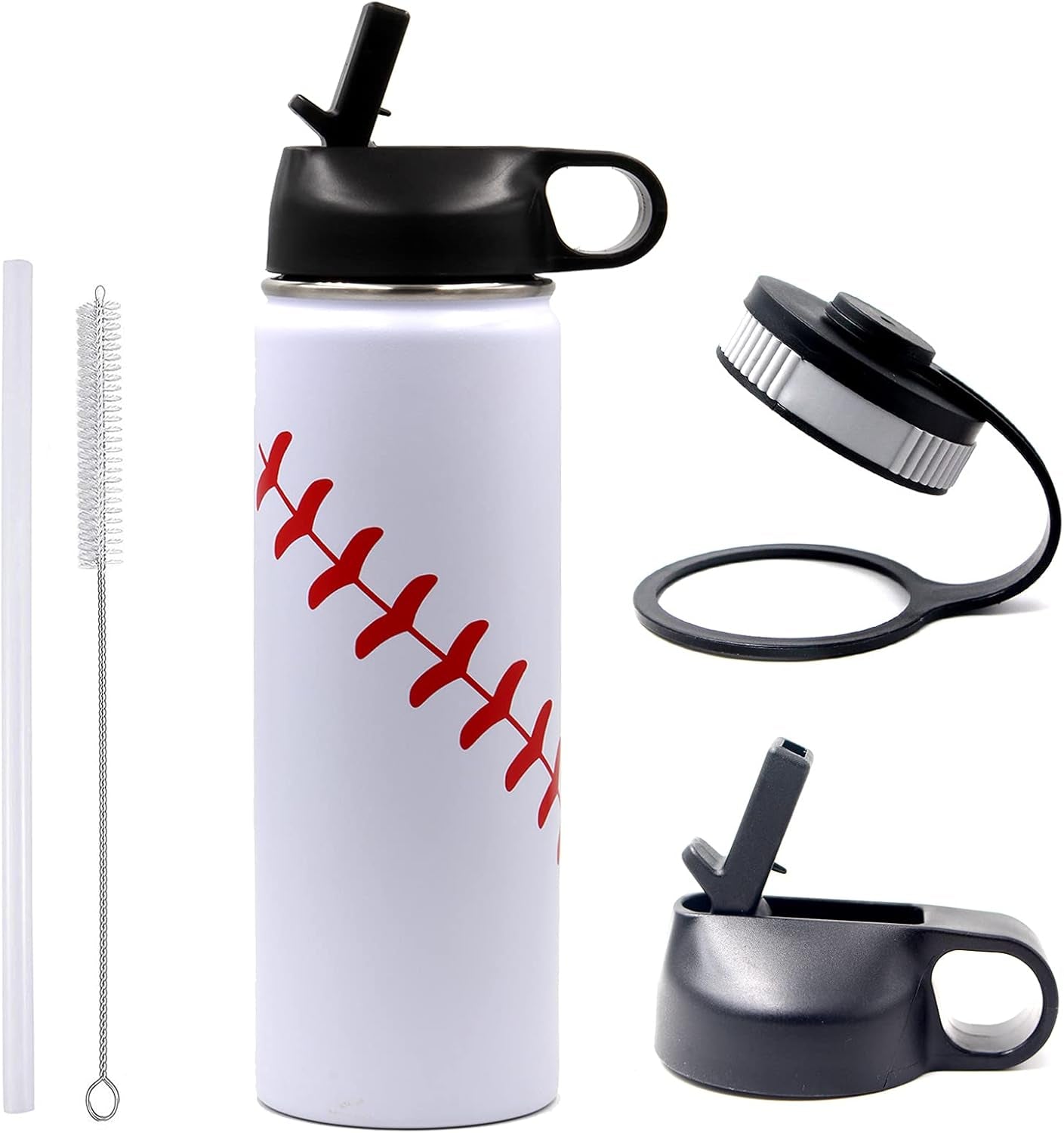 32 Oz Baseball Water Bottle, Wide Mouth Sports Flask Metal Travel Tumbler with 2 Lids 18/8 Stainless Steel Double Wall Vacuum Insulated (32Oz, White Baseball)